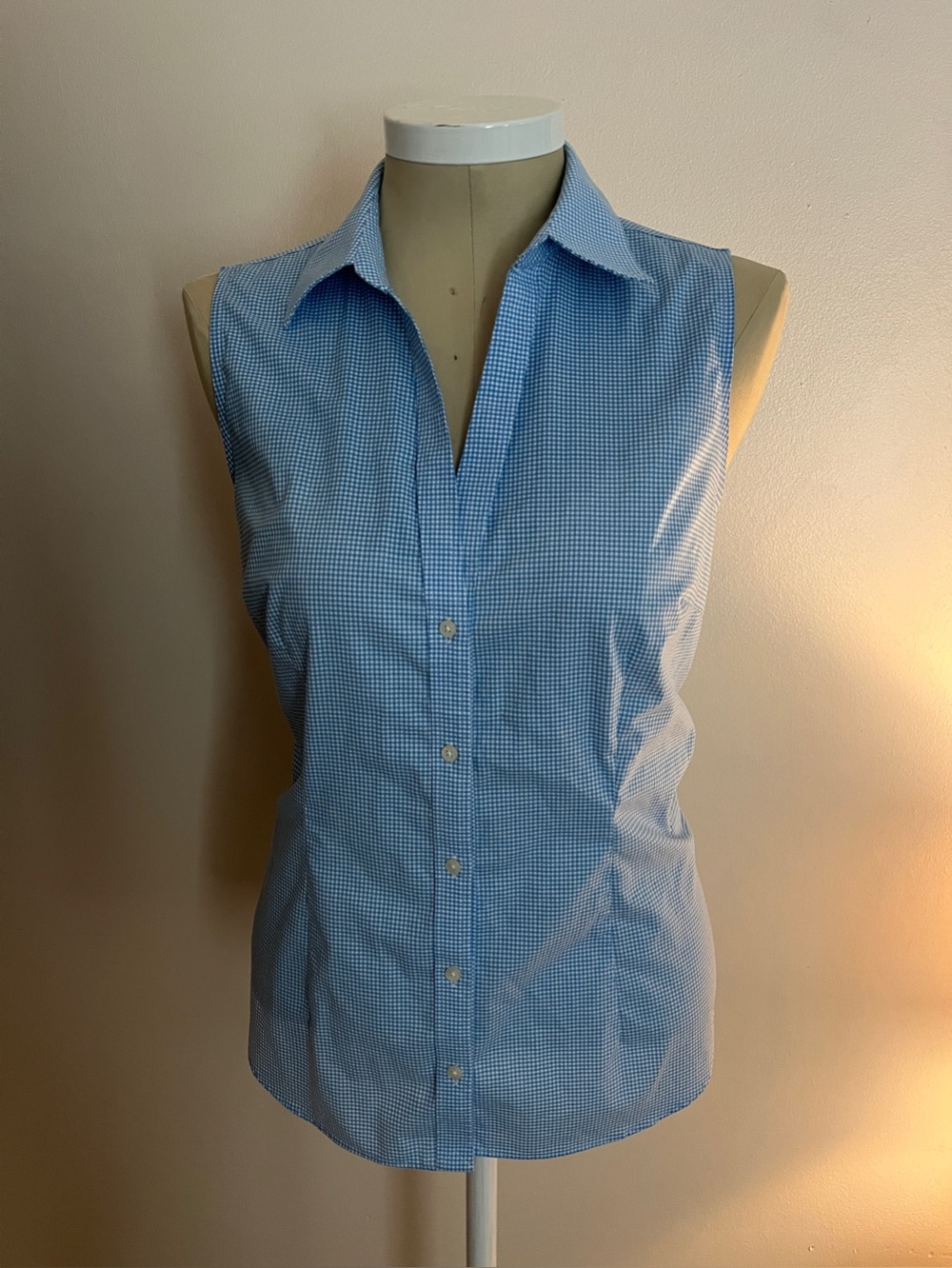 Lauren Ralph Lauren Light Blue and White Sleeveless Gingham Button-Front Blouse